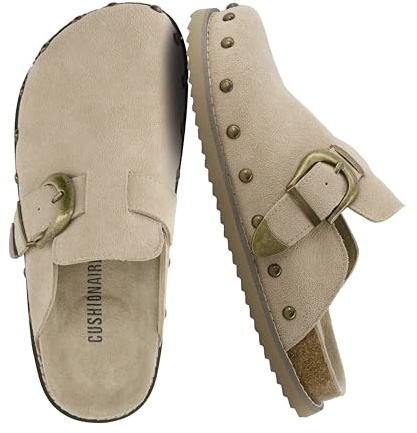 CUSHIONAIRE Bronco Slip On Mule Womens Shoes â Genuine Suede Leather Clogs with Adjustable Buckle and Studded Detailing, Stylish Shoes for Women, Biscuit 9