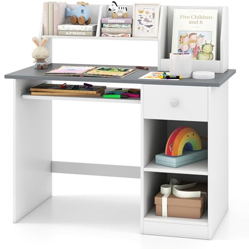 COSTWAY Escritorio de Estudio de Madera para Niños, Estación de Trabajo de Computadora, Bandeja de Teclado, Cajón, Estante Almacenamiento, Mesa Infantil de Escritura en Espacios Pequeños (Gris)
