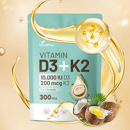 Vitamine D3 K2 10000 UI avec MK7-300 en Huile de coco vierge | Soutient l'Absorption du Calcium, et la Santé des Os, du Système Immunitaire et du Cœu