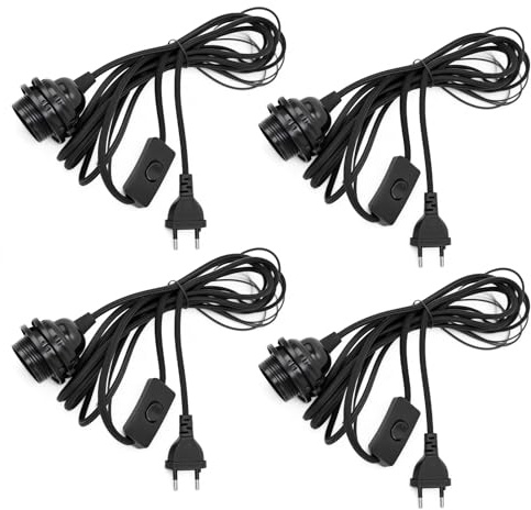 4 x E14-uttag med kabel och strömbrytare, E14-uttag med 3,5 m nätsladd, ringströmbrytare, upphängning för vardagsrum, sovrum och kök (svart)