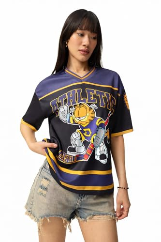The Souled Store Garfield damer och flickor kortärmad v-ringad lila och svart grafiskt tryck polyester snabbtorkande andas streetwear atletisk överdimensionerad jersey