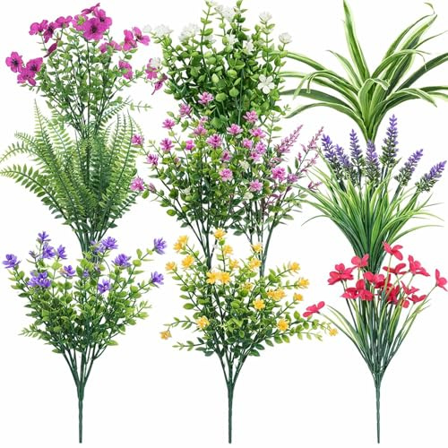 Flores Artificiales Decoracion, 10 PCS Plantas Artificiales Exterior,Plantas y Flores Artificiales,Arbustos Artificiales Resistentes a los Rayos UV para Exterior y Interior Jardín Porche Balcón Patio
