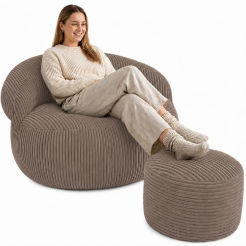 bananair - Pouf Salon & Chambre en Velours Côtelé avec Repose Pieds - Pouf Fauteuil XXL Doux & Élégant - Housse Lavable en Machine - Idéal Salon, Chambre Adulte, Ado (110x100cm, Marron)