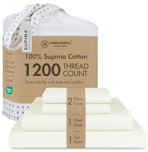 Threadmill Home Linen Juego de sábanas de 1200 Hilos, 100% algodón Supima ELS, sábana King, Ropa de Cama de Lujo, Juego de 4 Piezas, Marfil, Tejido de satén Suave.