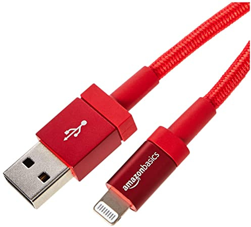 Amazon Basics USB-A to Lightning Charger Cable, Nylon Braided Cord, MFi Certified for Apple iPhone 14 13 12 11 X Xs Pro, Pro Max, Plus, iPad, 1.8 m, Red