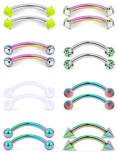 Prjndjw 16G Stainless Steel Eyebrow Rings Piercing Daith Rook Earrings Helix Conch Belly Navel Piercing Jewelry 10mm Curved Barbell Rainbow Eyebrow Piercing