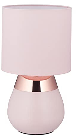 Relaxdays Lámpara Mesita Noche Táctil, Control Touch, Luz Sobremesa, Pantalla, Salón o Dormitorio, E14, 32x18cm, Rosada