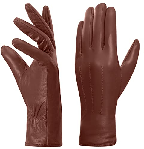 Harssidanzar Damen Leder handschuhe, Winter Warm Fleecefutter Touchscreen Vintage Finished GL018EU,Cognac, Größe S