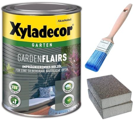 Xyladecor Gardenflairs 1 l Holzschutz ?l Schleifen Pinsel Set (Sand Grau)