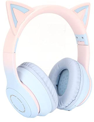 Cat Ear Bluetooth-hörlurar med Mikrofon, LED Light Up Hopfällbara Over Ear-headset, Stereoljud-spelhörlurar för PC Bärbar Smartphone Surfplatta (Blå)