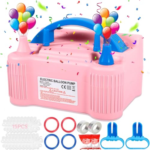 AOUVT Pompe à Ballon Électrique, 600W Pompe de Gonflage de Ballon, Pompe à Ballon Électrique à Double Buse, Pompe de Gonflage de Ballon Portable pour Les Carnavals, Les Fêtes et Les Mariages - Rose