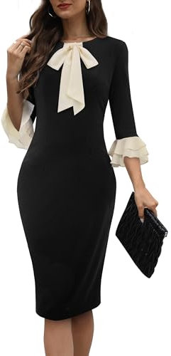 HOMEYEE Damen Rundhals 3/4 Ärmel Volantärmel Abendkleid Bleistiftkleid Retro Bodycon Midi Cocktail Etuikleid B800 (L, Schwarz)