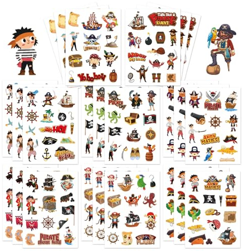 Qpout 24 Feuilles Autocollants pirates pour enfants, autocollants pirates pour bouteilles d’eau Scrapbook, cadeaux de fête d’anniversaire pirate pour enfants, prix d’activité en classe scolaire