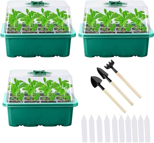 Lot de 3 mini serres d'intérieur - 36 cellules - Mini serre - Bols de culture - Plateaux de démarrage - Avec couvercle et ventilation pour semis
