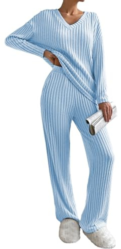 Famulily Set Pigiama da Donna Abbigliamento da Notte, Donna a Costine 2 Pezzi Completi Abbigliamento Casual Set Tute da Casa Abbigliamento Domestico Scollo a V Manica Lunga Maglioni e Pantaloni a