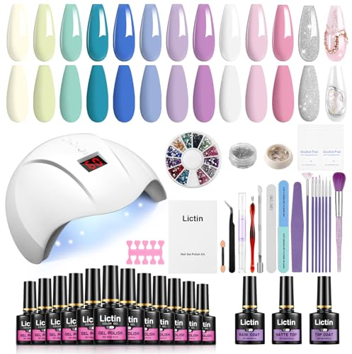 Lictin Lampe UV Ongles Gel - Kit Ongle Gel UV Complet, 36W Lampe UV Ongles, 12 Couleurs Machine Ongle Semi Permanent, 7 Pinceaux Nail Art & Kit Manucure