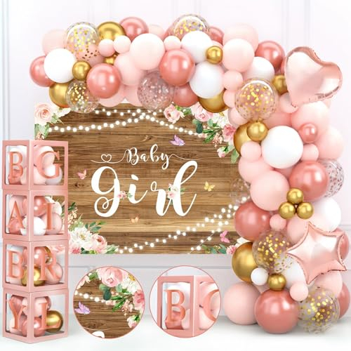 Lot de 134 décorations de fête prénatale pour fille – 4 boîtes à ballons avec lettres, kit d'arche or rose, ballons blancs, dorés, bannière, boîtes de bébé pour fille, décoration d'anniversaire