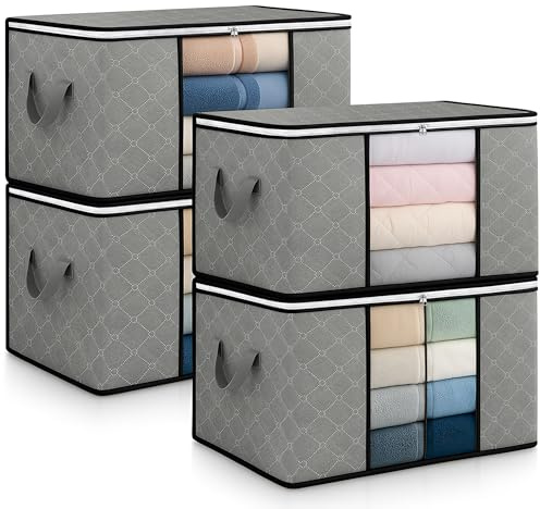 unycos - Cajas para Almacenaje de Ropa x 4【60L】 Bolsas Plegables con Ventana Transparente, Doble Cremallera y Asas Reforzadas, Organizador de Toallas, Edredones, Juguetes | Hasta 12 kg (Grey/Black)