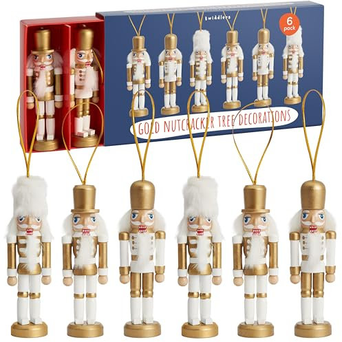 THE TWIDDLERS - 6 Gold Wooden Christmas Nutcracker Soldier Ornaments, 10cm / 4 - Tree Hanging Decorations in Festive Traditional Xmas Designs