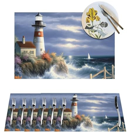 Placemats Set of 6 PCS Washable PVC Place Mats Heat Resistant Woven Place Mats Lighthouse Diamond Painting Placemats Non-Slip Wipeable Vinyl Table Mats for Kitchen Dining Table Decor 18 X 12 in