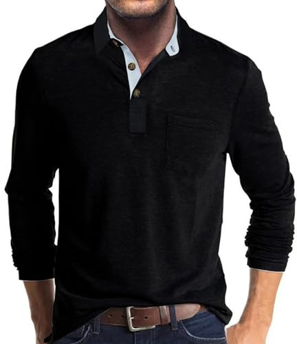 Camisa polo informal de manga larga y corta para hombre, con botones, clásica, de algodón, cuello de trabajo, elegante, camisa de golf con bolsillo, Negro, Large
