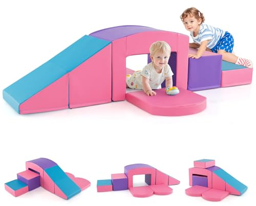 GOPLUS 7 PCS Parcours de Motricité Bébé, Module Motricité en Mousse PU avec Remplissage en EPE, Jouets Montessorris Éducatifs pour Enfants 12 Mois+ (Rose+Violet)