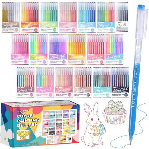 NICETY Stylo Gel Couleur – Set de 168 Gel Pens avec Pointe Fine 0,5mm & 162 couleurs (159 + 3 blanc / 3 argent / 3 or)– Feutres Gel pour Coloriage Adulte, Dessin, Journal – Enfants & Adultes