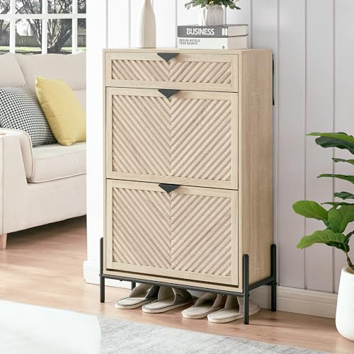VIPLUMI Shoe Cabinet Storage with 2 Flip Drawers, Narrow Hidden Shoes Cabinet Organizer for Entryway, Freestanding Slim Shoe Rack Front Door Entrance(Oak)