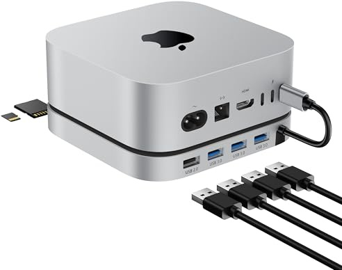Stouchi Mac mini M4 Dock för Mac mini M 4/M 4 Pro (2024), M4-hub med aluminium 3 × USB 3.0 (5 Gbit/s), 1 × USB 2.0, Micro/SD & TF-kortläsare (104 MB/s), förlängningsdocka för M ac Mi NI-silver