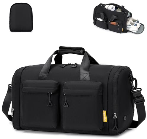 SPAHER Foldable Travel Duffle Bag with Shoe Compartment Gym Sports Weekend Overnight Bags Women Men Waterproof Holdall Handbag Carry on Underseat Hand Luggage, Black