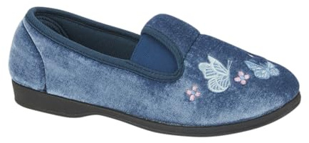 Jo & Joe Ladies Embroidered Velvet Comfort Slippers – Soft Indoor Shoes with Cushioned Foam with rubber sole Sizes 3-8 (Navy, 6 uk, UK Footwear Size System, Adult, Women, Numeric, Medium, 6)