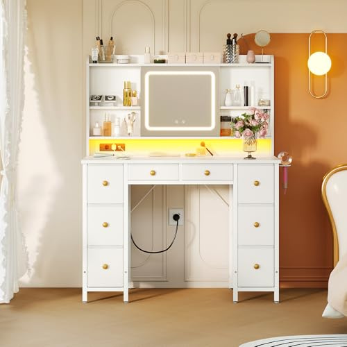 ODK Coiffeuse avec Miroir LED Mobile, Table de Toilette avec Prises | 110×40×137cm USB intégrées & Bande Lumineuse RGB, Table de Maquillage avec 8 tiroirs, Bureau de Maquillage Blanc