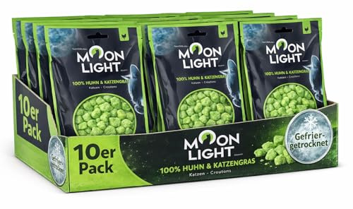 Moonlight Kattcroutons, 10 paket – kyckling & kattgräs, frystorkad, premium kattsnack & topping, kross & ren, utan spannmål och socker