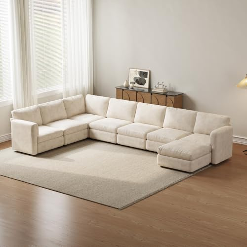 Guyii Conjunto de sofá de esquina de tela, sofá moderno con otomana, sofá tapizado cómodo para sala de estar, diseño minimalista (7 plazas con 1 otomana)