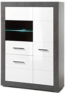Newfurn Vitrine Vitrinenschrank Modern Holzvitrine II 100x142x 35 cm (BxHxT) II [Justus.Three] in Beton dunkel/Weiß Hochglanz Wohnzimmer Schlafzimmer Esszimmer Flur Diele
