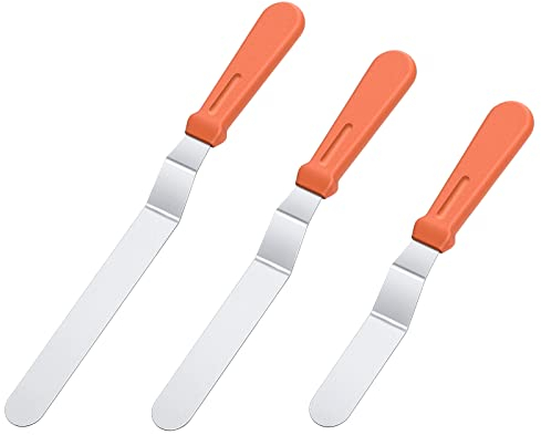 U-Taste Icing Spatula Set of 3: 18/0 Stainless Steel Cake Palette Knife, Angled Offset Spatula for Baking Cake Decorating Frosting, 15/20/25cm Metal Blade with 12cm PP Plastic Handle (Orange)