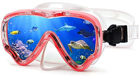 Wsobue Schnorchelmaske,Taucherbrille aus gehärtetem Glas, professionelle Trockenspitzen-Schnorchelausrüstung für Erwachsene und Kinder (Rosa)