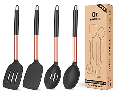 Set of 4 Large Silicone Cooking Utensils, Non Stick, Solid Spatulas, Heat Resistant, Black Slotted Spoons, Ideal BPA Free Kitchen Tongs for Frying, Mixing, Serving, Draining