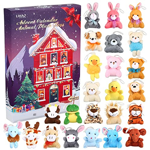 LIHAO Calendario dell'Avvento, 24pz MINI Giocattoli di Animali Peluche Regali Natale per Bambini