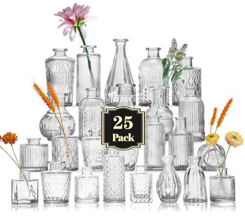 Glass Bud Vase Set of 25, Mini Clear Bud Vase for Centerpieces in Bulk, Small Vintage Flower Vases for Weddings Parties Home Table Decorative