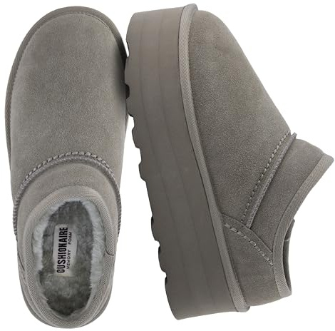 CUSHIONAIRE Huggy-2 Platform Slippers for Women, Cozy Genuine Suede Slip-On Ankle Boots for Indoor Outdoor Wear, Womens Slippers, GRAY 10