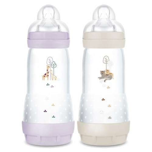 MAM Easy Start Anti-Colic Baby Bottle, 4+ Months, Fast Flow (2 x 320 ml) Lilac + Sand - Bottle to Reduce Colic and Baby Discomfort - Baby Bottle Suitable for Breastfeeding