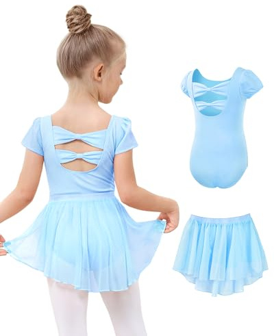 JiAmy Girls Ballet Leotards, Short Sleeved Ballet Dress with Removable Dance Skirt, Kid Children Toddler Ballerina Costume Hollow Back Dance Dress Dancewear for 2-11 Years Blue