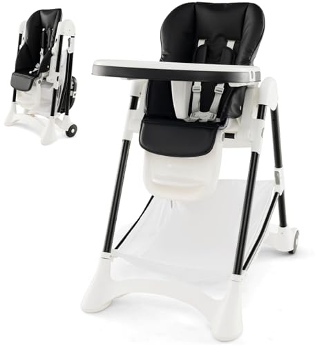 Maxmass Baby High Chair, Foldable Infant Feeding Chair with Adjustable Height, Backrest & Footrest, Double Tray, Lockable Wheels, 5-Point Harness&Storage Basket, Dining Highchair for Toddlers (Black)