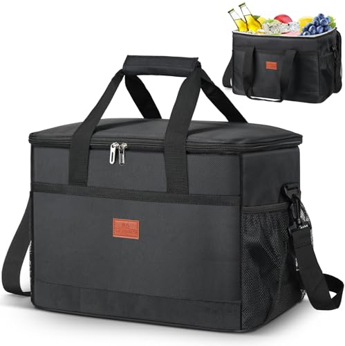 Esilihom Large Cooler Bag 30L, Thermal Insulated Picnic Bag, Lunch Bag Waterproof Cool Bags for Camping, Picnic, BBQ, Travelling and Family Outdoor Activities, Black