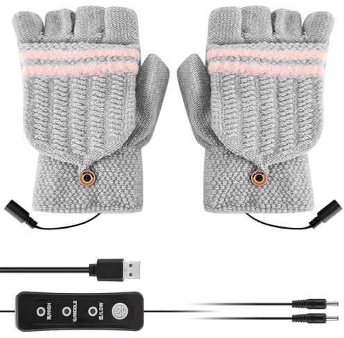 Hojalis USB Beheizte Handschuhe, Heizung Stricken Handschuhe, mit 3 Stufentemperaturen, Half Hands Beheizte Fingerlose Handschuhe, Doppelseitiger Heizhandschuh für Indoor und Outdoor (Grau)