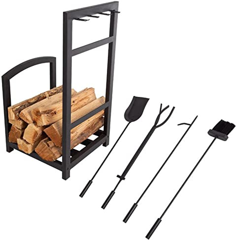 Set di scaffali per legna da ardere con pala da attizzatoio, rastrello e 4 ganci per attrezzi porta legna per cortile o braciere all'aperto.