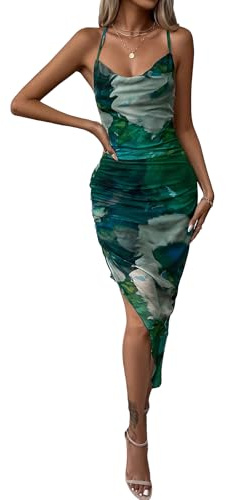 GORGLITTER Women's Tie Dye Draped Asymmetrical Cami Mini Dress Ruched Cross Backless Sexy Party Dresses Green Medium