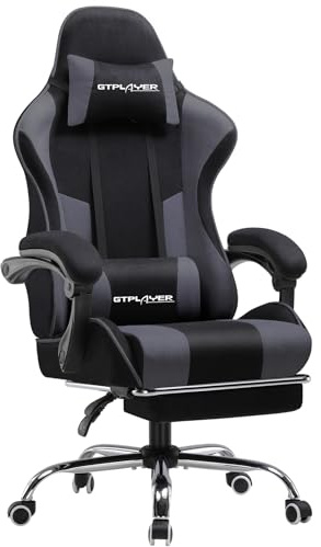 GTPLAYER Fabric Gaming Chair, Massage Ergonomic Computer Chair with Footrest, Lumbar Support, Headrest, Height Adjustable Home Office Reclining PC Racing Chairs, Grey