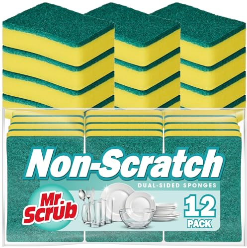 Mr. Scrub Sponges Kitchen Scrub Dish Sponge Scouring Pad, 12 Pack Cleaning Brush Scrubber Supplies for Soap, Dishwashing Dinnerware Sets Pan Pot Towels Cloth Rags Holder Glass Dishwasher Sink Bathroom